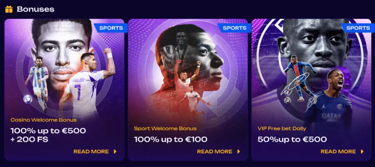 Bonuses-sectie met drie SPORT-promotegels: Casino Welcome Bonus 100% tot €500 + 200 FS, Sport Welcome Bonus 100% tot €100 en VIP Free Bet Daily 50% tot €500, elk met Read More